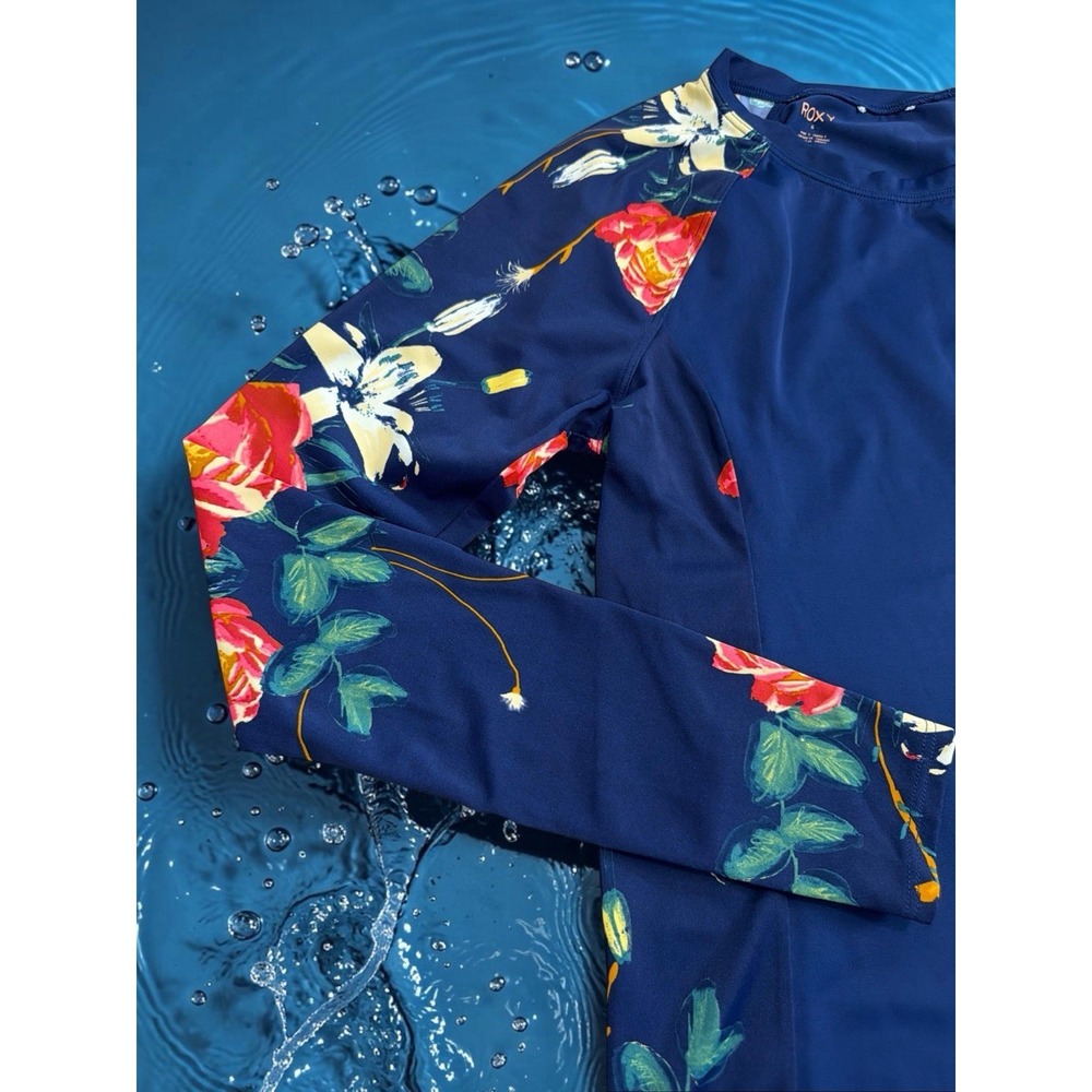 Roxy Blue Floral Solid Long Sleeve Pullover Rashguard Kids Girls Size M 10 - Picture 2 of 8